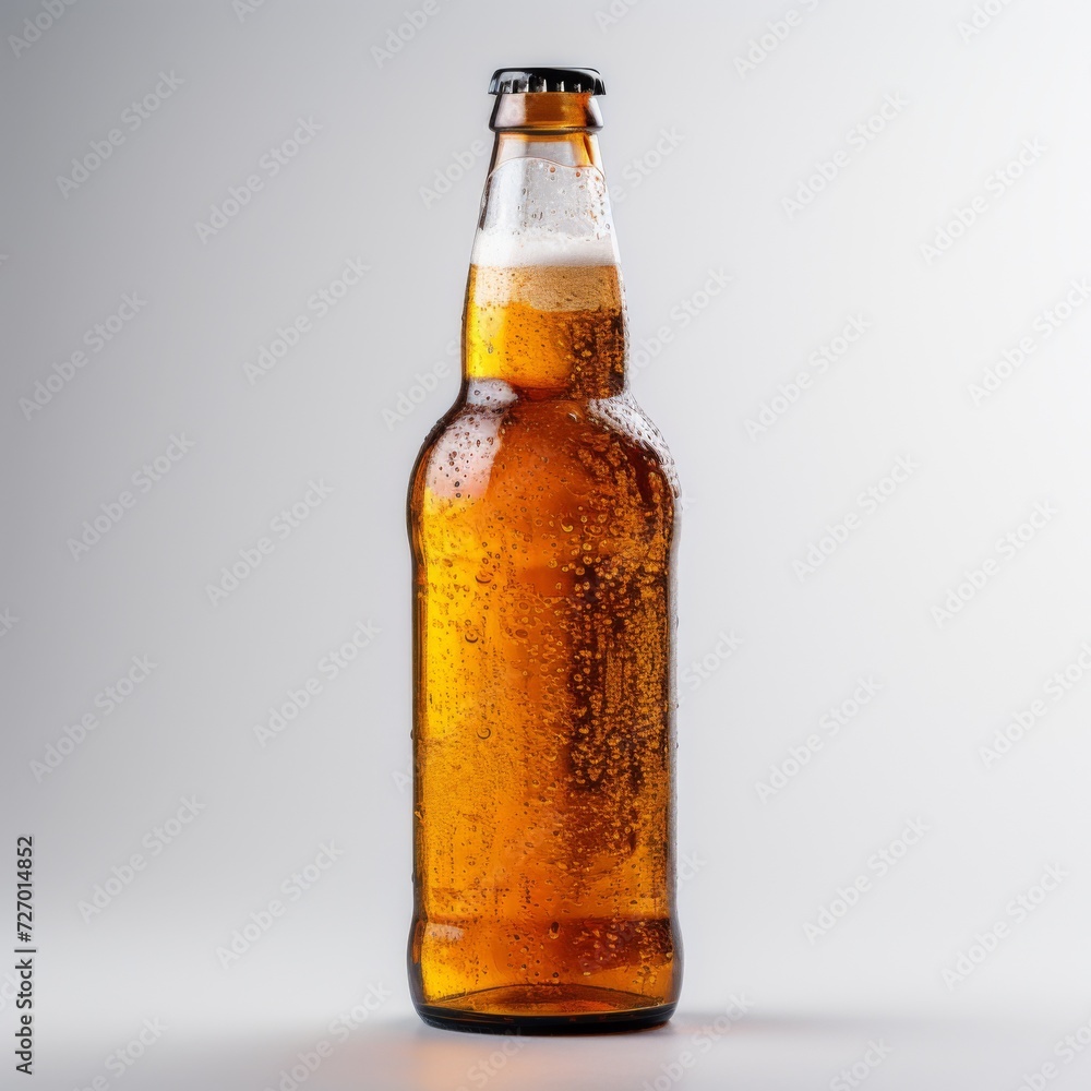 A bottle of beer on a light background. Generative AI.