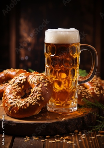 A glass of beer with a pretzel on a wooden table in a pub. Generative AI.