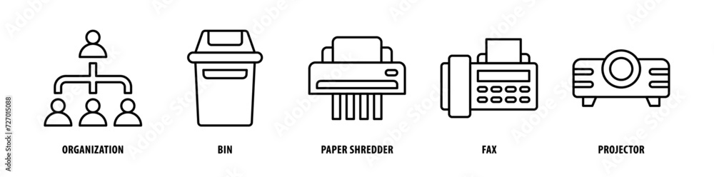 Set of Projector, Fax, Paper Shredder, Bin, Organization icons, a collection of clean line icon illustrations with editable strokes for your projects Set of Projector, Fax, Paper Shredder, Bin, Organization icons, a collection of clean line icon illustrations with editable strokes for your projects