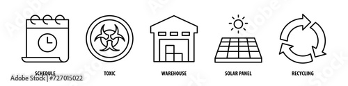 Set of Recycling, Solar Panel, Warehouse, Toxics, Schedule icons, a collection of clean line icon illustrations with editable strokes for your projects