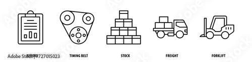 Set of Forklift, Freight, Stock, Timing Belt, Report icons, a collection of clean line icon illustrations with editable strokes for your projects photo