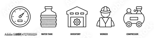Set of Compressor, Worker, Inventory, Water Tank, Speed icons, a collection of clean line icon illustrations with editable strokes for your projects