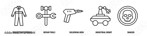 Set of Danger, Industrial Robot, Soldering Iron, Repair Tools, Protective Clothing icons, a collection of clean line icon illustrations with editable strokes for your projects