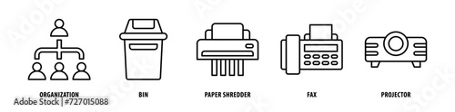 Set of Projector, Fax, Paper Shredder, Bin, Organization icons, a collection of clean line icon illustrations with editable strokes for your projects