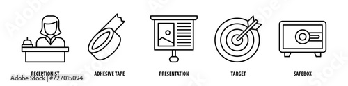 Set of Safe Box, Target, Presentation, Adhesive Tape, Receptionist icons, a collection of clean line icon illustrations with editable strokes for your projects