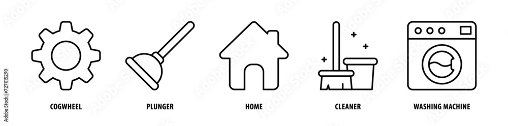 Set of Washing Machine, Cleaner, Home, Plunger, Cogwheel icons, a collection of clean line icon illustrations with editable strokes for your projects Set of Washing Machine, Cleaner, Home, Plunger, Cogwheel icons, a collection of clean line icon illustrations with editable strokes for your projects