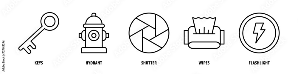 Set of Flashlight, Wipes, Shutter, Hydrant, Keys icons, a collection of clean line icon illustrations with editable strokes for your projects Set of Flashlight, Wipes, Shutter, Hydrant, Keys icons, a collection of clean line icon illustrations with editable strokes for your projects