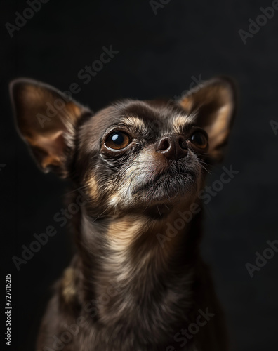 black Chihuahua portrait, cinematic moody light, artistic photo, black background,  © Deea Journey 