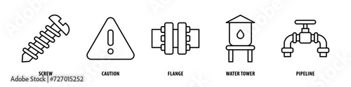Set of Pipeline, Water Tower, Flange, Caution, Screw icons, a collection of clean line icon illustrations with editable strokes for your projects