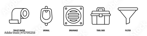 Set of Filter, Toolbox, Drainage, Urinal, Toilet Paper icons, a collection of clean line icon illustrations with editable strokes for your projects