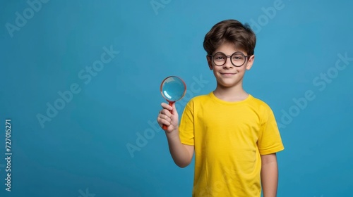 A boy in a yellow t-shirt, pretending to be a detective with a magnifying glass, mockup © khoobi's ART