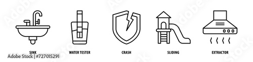 Set of Extractor, Sliding, Crash, Water Testers, Sink icons, a collection of clean line icon illustrations with editable strokes for your projects
