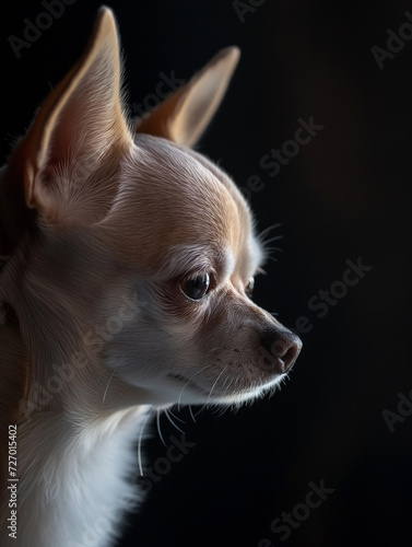 white   beige Chihuahua portrait  cinematic moody light  artistic photo  black background  view from the side