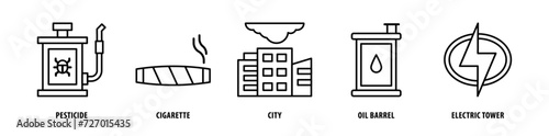 Set of Electric Tower, Oil Barrel, City, Cigarette, Pesticide icons, a collection of clean line icon illustrations with editable strokes for your projects