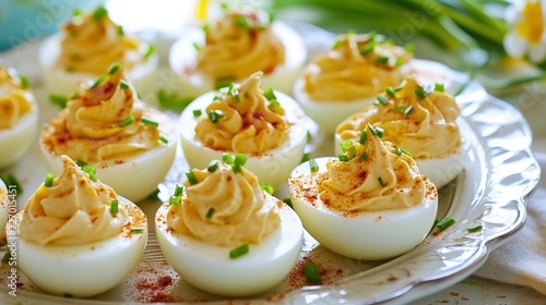 Easter celebration munchies mashed egg yolks, mustard, mayonnaise, and smoked paprika are combined to make deviled eggs, Generative AI.