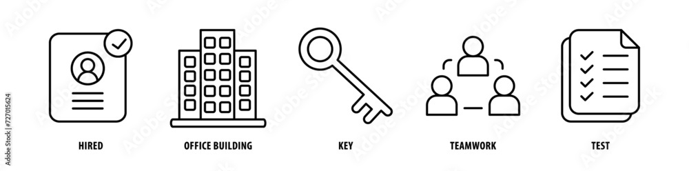 Set of Test, Teamwork, Key, Office Building, Hired icons, a collection of clean line icon illustrations with editable strokes for your projects Set of Test, Teamwork, Key, Office Building, Hired icons, a collection of clean line icon illustrations with editable strokes for your projects