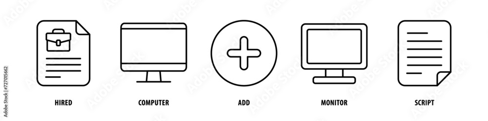 Set of Script, Monitor, Add, Computer, Hired icons, a collection of clean line icon illustrations with editable strokes for your projects Set of Script, Monitor, Add, Computer, Hired icons, a collection of clean line icon illustrations with editable strokes for your projects