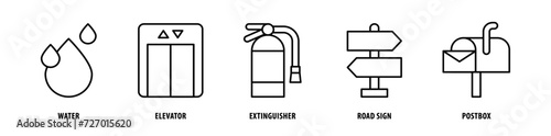Set of Postbox, Road Sign, Extinguisher, Elevator, Water icons, a collection of clean line icon illustrations with editable strokes for your projects