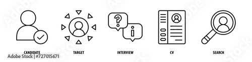 Set of Search, Cv, Interview, Target, Candidate icons, a collection of clean line icon illustrations with editable strokes for your projects