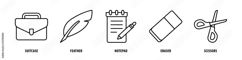 Set of Scissors, Eraser, Notepad, Feather, Suitcase icons, a collection of clean line icon illustrations with editable strokes for your projects Set of Scissors, Eraser, Notepad, Feather, Suitcase icons, a collection of clean line icon illustrations with editable strokes for your projects