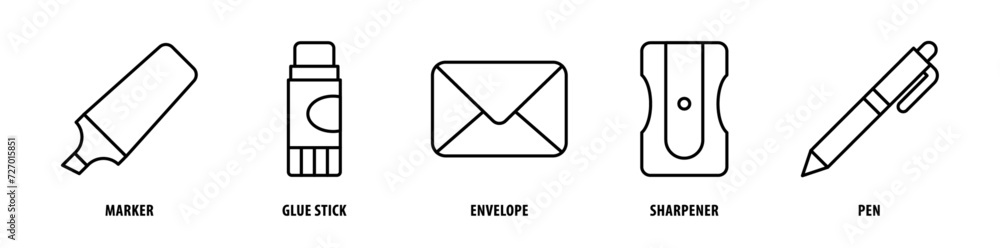 Set of Pen, Sharpener, Envelope, Glue Stick, Marker icons, a collection of clean line icon illustrations with editable strokes for your projects Set of Pen, Sharpener, Envelope, Glue Stick, Marker icons, a collection of clean line icon illustrations with editable strokes for your projects