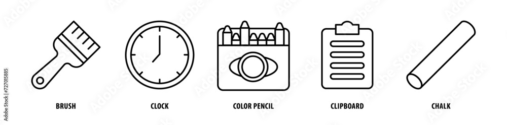 Set of Chalk, Clipboard, Color Pencil, Clock, Brush icons, a collection of clean line icon illustrations with editable strokes for your projects Set of Chalk, Clipboard, Color Pencil, Clock, Brush icons, a collection of clean line icon illustrations with editable strokes for your projects