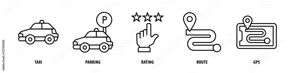 Set of Gps, Router, Rating, Parking, Taxi icons, a collection of clean line icon illustrations with editable strokes for your projects Set of Gps, Router, Rating, Parking, Taxi icons, a collection of clean line icon illustrations with editable strokes for your projects