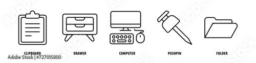 Set of Folder, Push Pin, Computer, Drawer, Clipboard icons, a collection of clean line icon illustrations with editable strokes for your projects