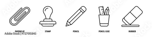 Set of Rubber, Pencil Case, Pencils, Stamp, Paper Clip icons, a collection of clean line icon illustrations with editable strokes for your projects