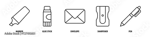 Set of Pen, Sharpener, Envelope, Glue Stick, Marker icons, a collection of clean line icon illustrations with editable strokes for your projects