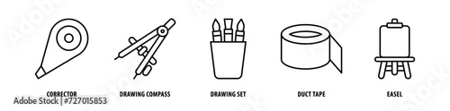 Set of Easel, Duct Tape, Drawing Set, Drawing Compass, Corrector icons, a collection of clean line icon illustrations with editable strokes for your projects
