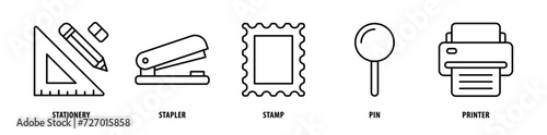 Set of Printer, Pin, Stamp, Stapler, Stationery icons, a collection of clean line icon illustrations with editable strokes for your projects