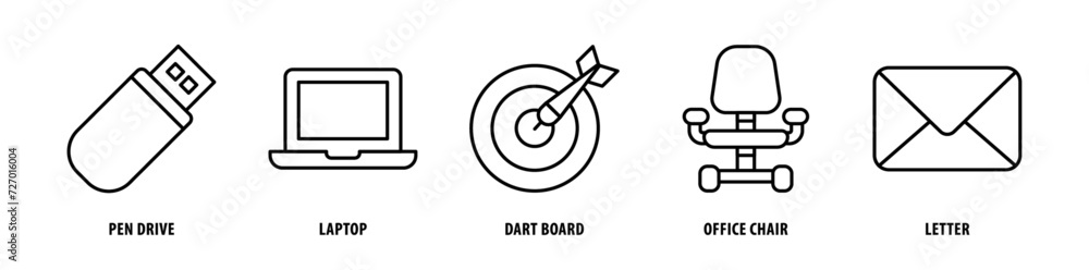 Set of Letter, Office Chair, Dart Board, Laptop, Pen Drive icons, a collection of clean line icon illustrations with editable strokes for your projects Set of Letter, Office Chair, Dart Board, Laptop, Pen Drive icons, a collection of clean line icon illustrations with editable strokes for your projects