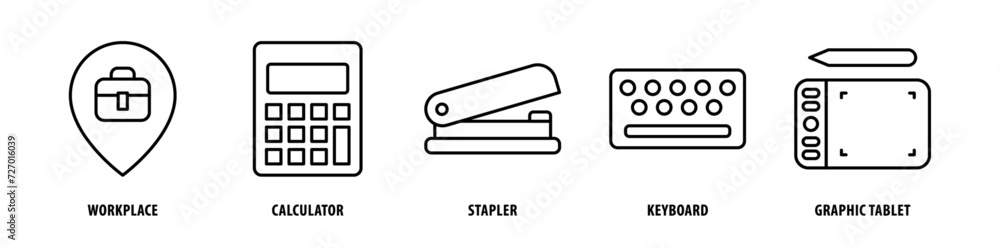 Set of Graphic Tablet, Keyboard, Stapler, Calculator, Workplace icons, a collection of clean line icon illustrations with editable strokes for your projects Set of Graphic Tablet, Keyboard, Stapler, Calculator, Workplace icons, a collection of clean line icon illustrations with editable strokes for your projects