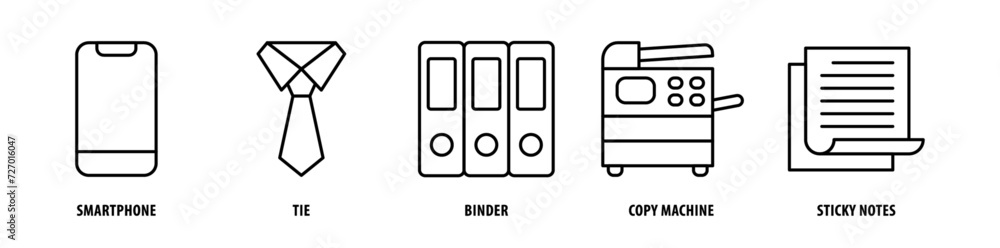 Set of Sticky Notes, Copy Machine, Binder, Ties, Smartphone icons, a collection of clean line icon illustrations with editable strokes for your projects Set of Sticky Notes, Copy Machine, Binder, Ties, Smartphone icons, a collection of clean line icon illustrations with editable strokes for your projects