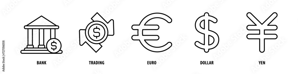 Set of Yen, Dollar, Euro, Trading, Bank icons, a collection of clean line icon illustrations with editable strokes for your projects - obrazy, fototapety, plakaty 