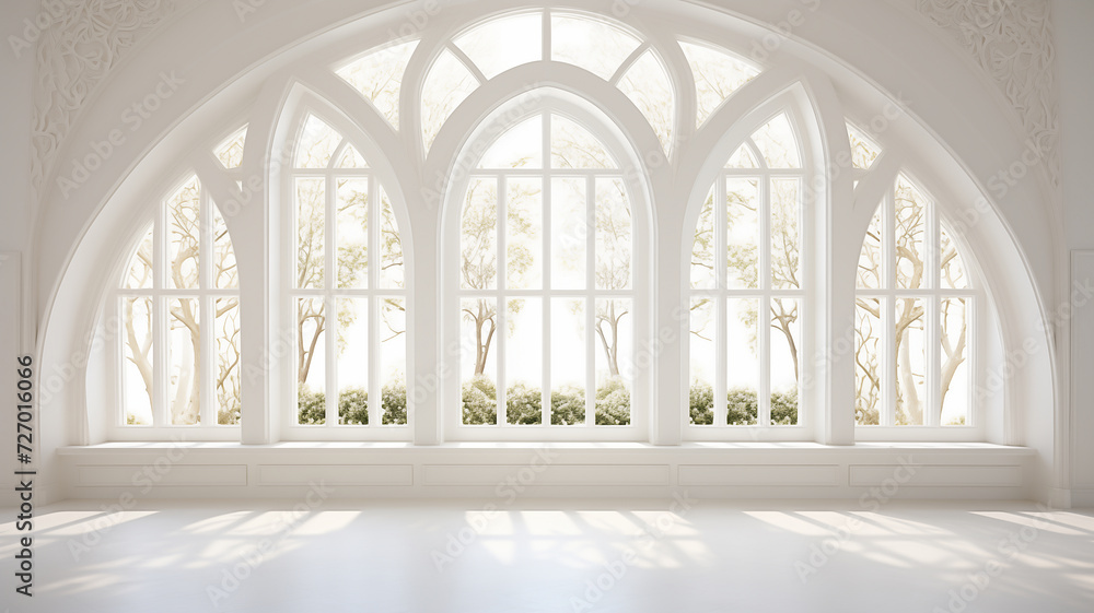 white room with arch and flowers in the wall and large window