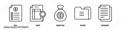 Set of Document, Folder, Money Bag, Audit, Bill icons, a collection of clean line icon illustrations with editable strokes for your projects © Tiger