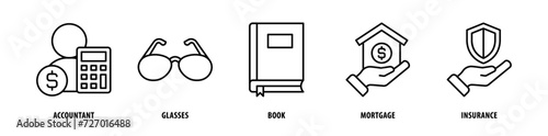 Set of Insurance, Mortgage, Book, Glasses, Accountant icons, a collection of clean line icon illustrations with editable strokes for your projects
