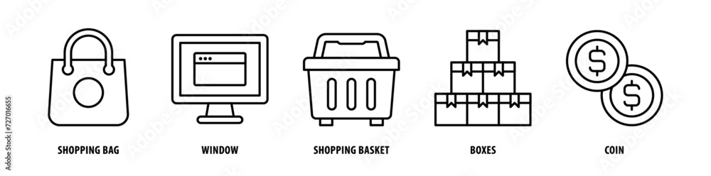 Set of Coin, Boxes, Shopping Basket, Window, Shopping Bag icons, a collection of clean line icon illustrations with editable strokes for your projects Set of Coin, Boxes, Shopping Basket, Window, Shopping Bag icons, a collection of clean line icon illustrations with editable strokes for your projects