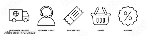 Set of Discount, Basket, Voucher Free, Customer Service, Worldwide Shipping icons, a collection of clean line icon illustrations with editable strokes for your projects