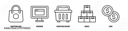 Set of Coin, Boxes, Shopping Basket, Window, Shopping Bag icons, a collection of clean line icon illustrations with editable strokes for your projects