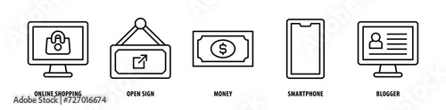 Set of Blogger, Smartphone, Money, Open Sign, Online Shopping icons, a collection of clean line icon illustrations with editable strokes for your projects