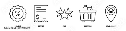 Set of Home Address, Shopping, Star, Receipt, Percent icons, a collection of clean line icon illustrations with editable strokes for your projects
