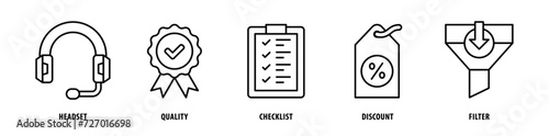 Set of Filter, Discount, Checklist, Quality, Headset icons, a collection of clean line icon illustrations with editable strokes for your projects