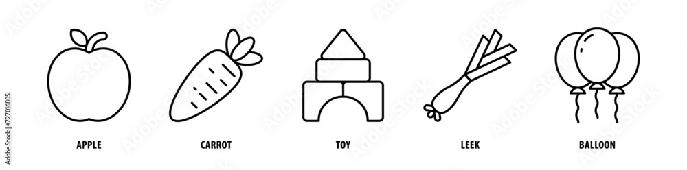 Set of Balloon, Leek, Toy, Carrot, Apple icons, a collection of clean line icon illustrations with editable strokes for your projects Set of Balloon, Leek, Toy, Carrot, Apple icons, a collection of clean line icon illustrations with editable strokes for your projects