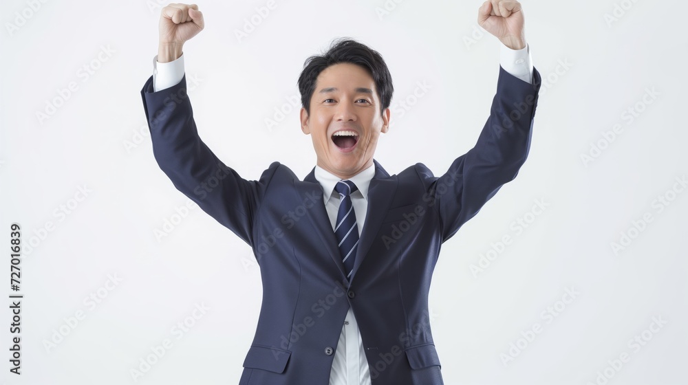 Joy and Cheerful Energetic Professional Confident young asian business man successful celebration, wearing a suit, isolated on a white background Joy and Cheerful Energetic Professional Confident young asian business man successful celebration, wearing a suit, isolated on a white background