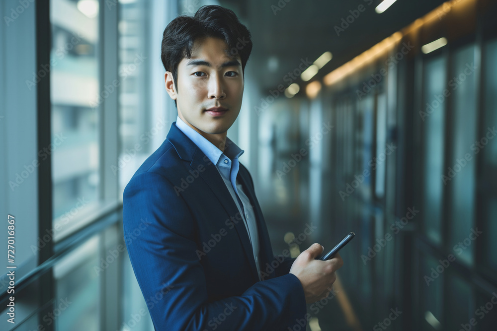 Fototapeta premium Businessman with Smartphone in Office Corridor