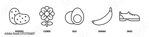 Set of Shoes, Banana, Eggs, Flower, Potatoes icons, a collection of clean line icon illustrations with editable strokes for your projects
