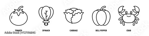 Set of Crab, Bell Pepper, Cabbage, Spinach, Tomato icons, a collection of clean line icon illustrations with editable strokes for your projects